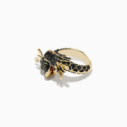 The Safari 14K Yellow Gold Black Diamond Dragon Bypass Ring features a dragon design with detailed black diamond scales, green eyes, and an open red-tongued mouth, shown against a plain white background.
