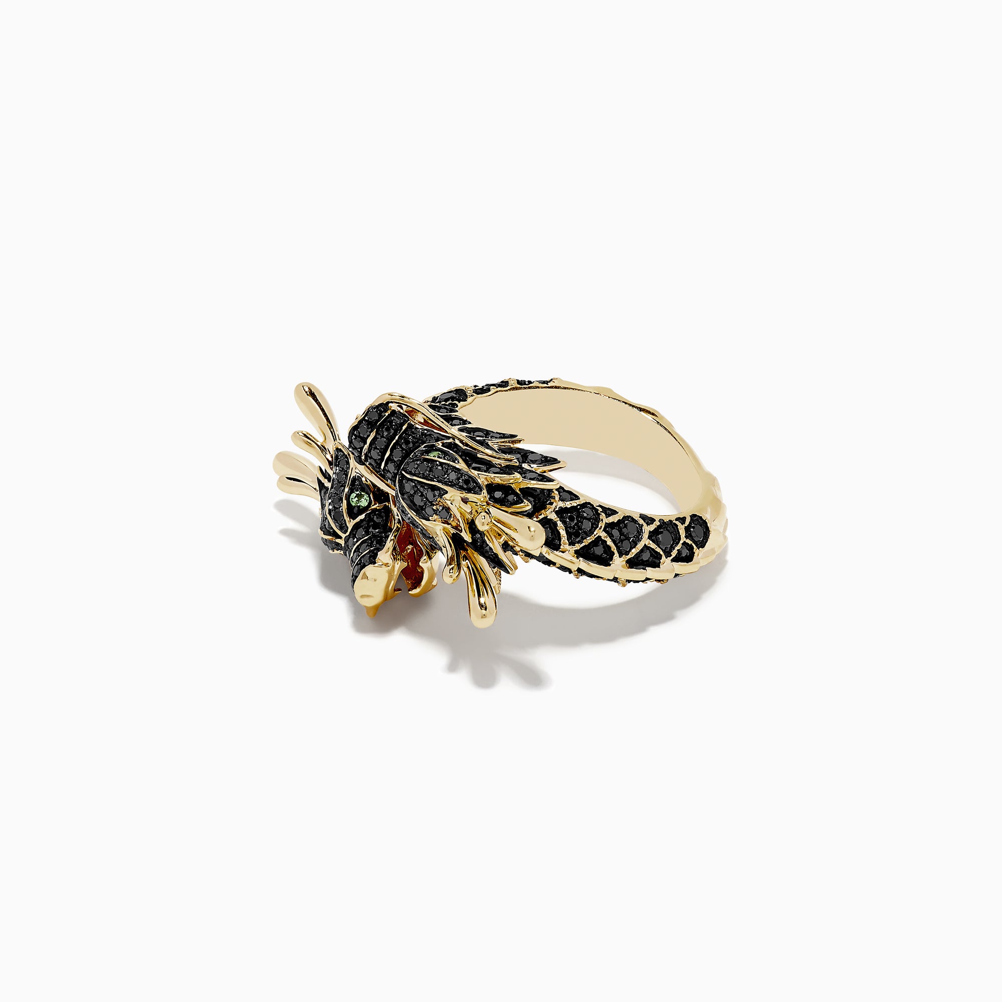 The Safari 14K Yellow Gold Black Diamond Dragon Bypass Ring features a dragon design with detailed black diamond scales, green eyes, and an open red-tongued mouth, shown against a plain white background.