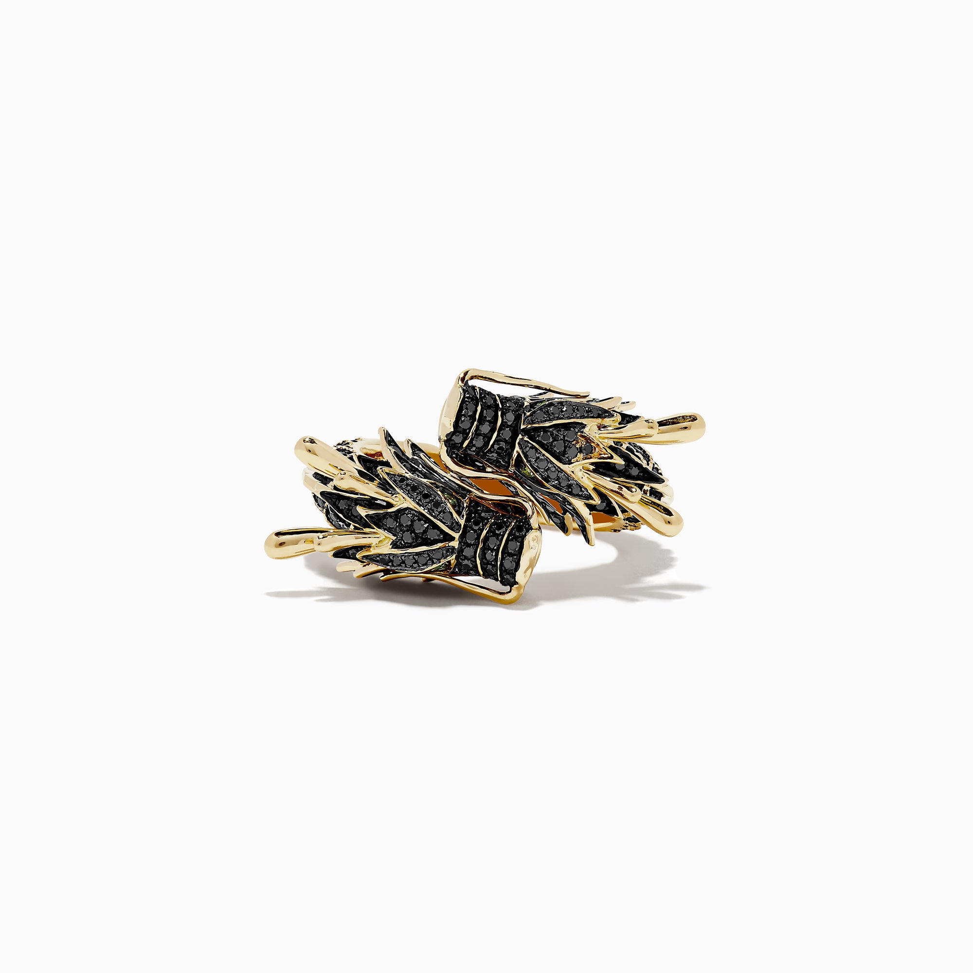 The Safari 14K Yellow Gold Black Diamond Dragon Bypass Ring features a dragon design with detailed black diamond scales, green eyes, and an open red-tongued mouth, shown against a plain white background.