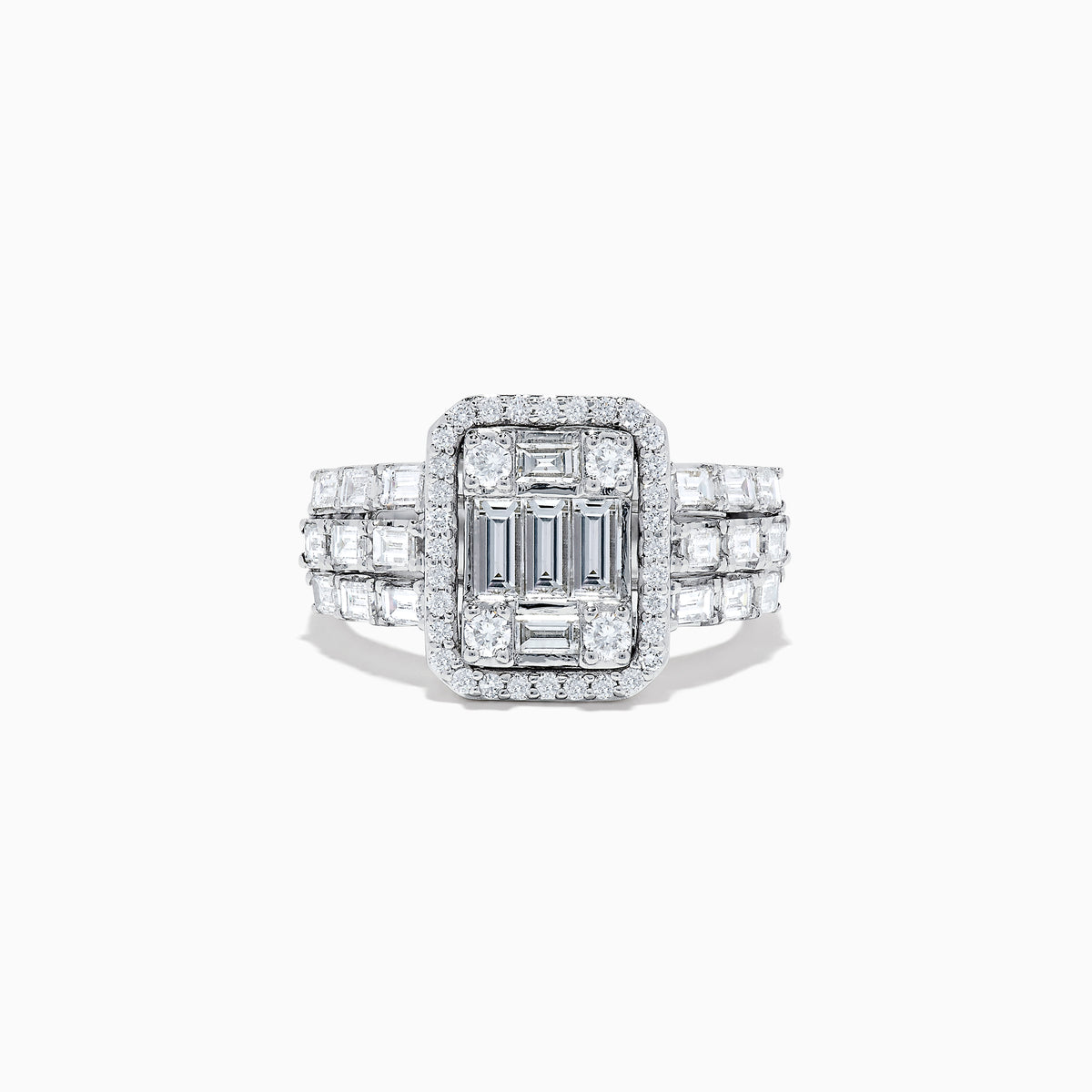 The Classique 14K White Gold Diamond Ring features a rectangular cluster of baguette diamonds, a diamond halo, and square-set diamonds on the band, offering timeless elegance.