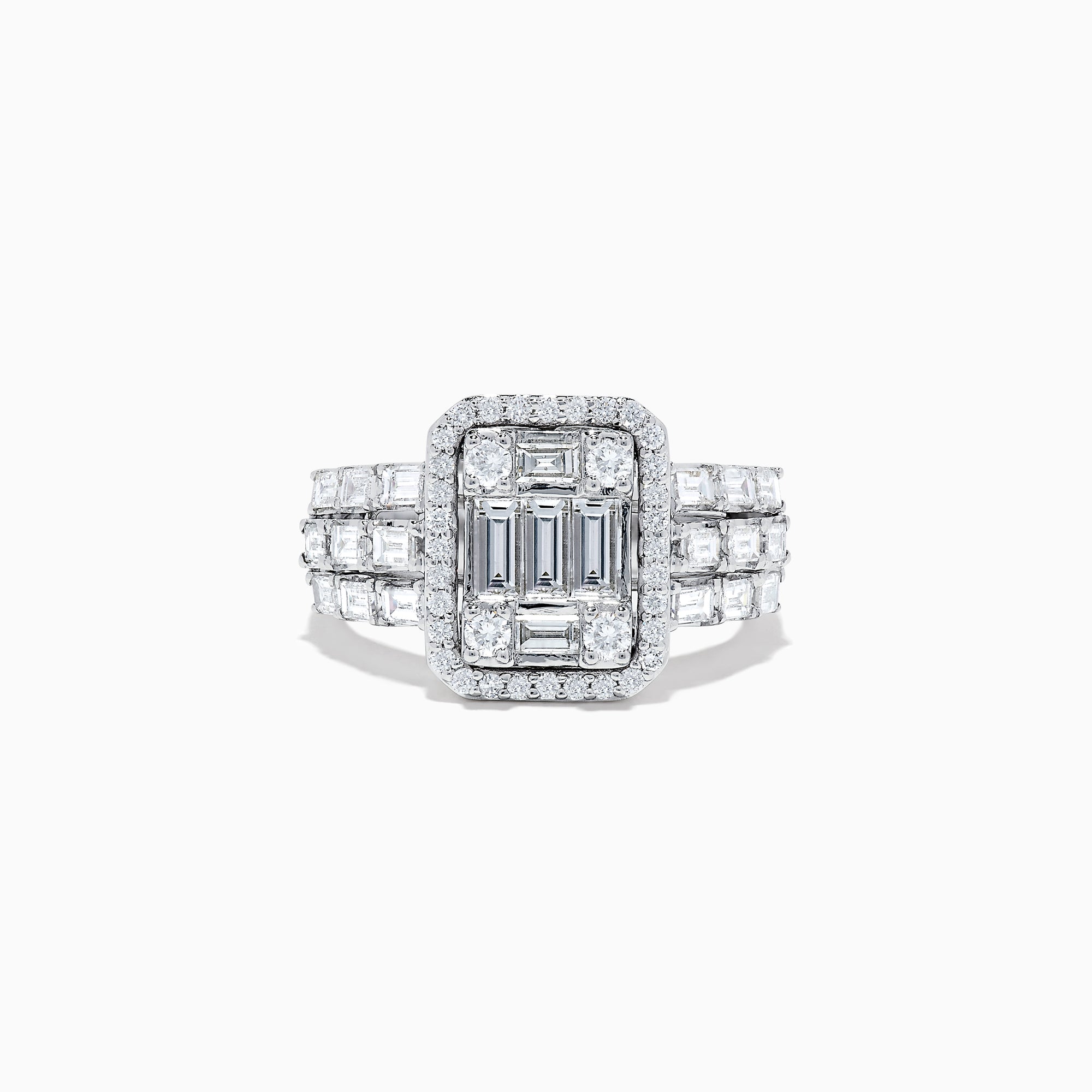 The Classique 14K White Gold Diamond Ring features a rectangular cluster of baguette diamonds, a diamond halo, and square-set diamonds on the band, offering timeless elegance.