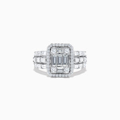 The Classique 14K White Gold Diamond Ring features a rectangular cluster of baguette diamonds, a diamond halo, and square-set diamonds on the band, offering timeless elegance.