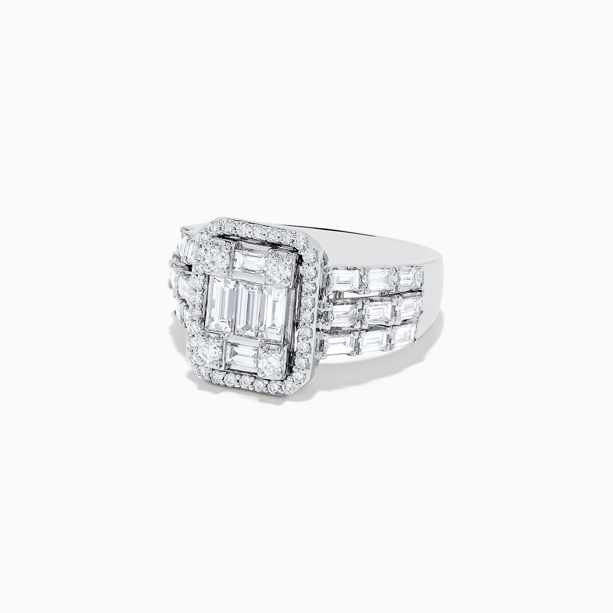 The Classique 14K White Gold Diamond Ring features a rectangular cluster of baguette diamonds, a diamond halo, and square-set diamonds on the band, offering timeless elegance.