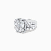The Classique 14K White Gold Diamond Ring features a rectangular cluster of baguette diamonds, a diamond halo, and square-set diamonds on the band, offering timeless elegance.