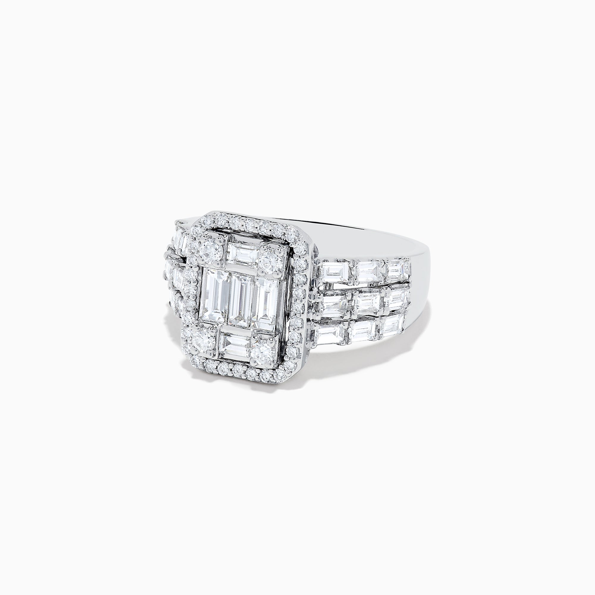 The Classique 14K White Gold Diamond Ring features a rectangular cluster of baguette diamonds, a diamond halo, and square-set diamonds on the band, offering timeless elegance.