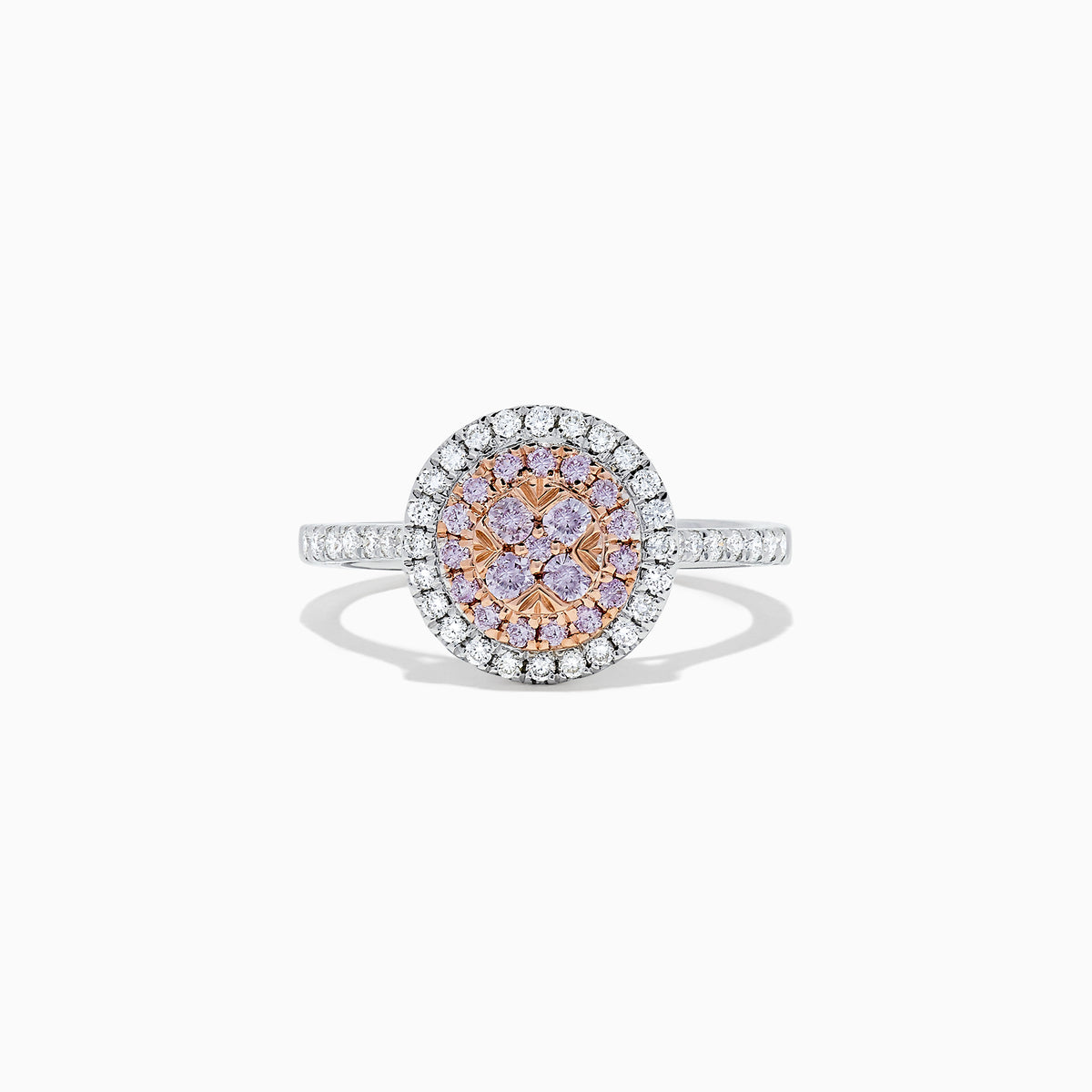 The 14K Two Tone Gold Pink and White Diamond Ring, 0.57 TCW, features a central pink diamond cluster surrounded by double white diamond halos and diamond accents along the band.