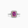 The 14K Two Tone Gold Pink Sapphire and Diamond Ring, 1.43 TCW, features a rectangular pink sapphire with a double halo of white diamonds, set on a two-tone band and displayed against a plain white background.