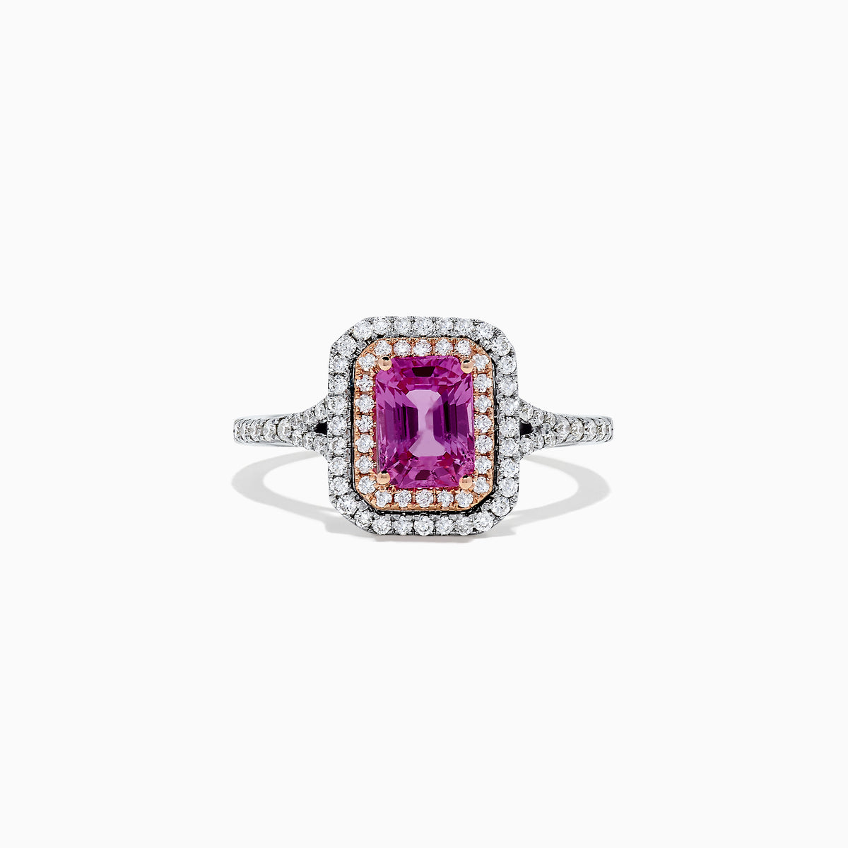 The 14K Two Tone Gold Pink Sapphire and Diamond Ring, 1.43 TCW, features a rectangular pink sapphire with a double halo of white diamonds, set on a two-tone band and displayed against a plain white background.