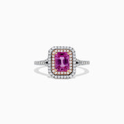 The 14K Two Tone Gold Pink Sapphire and Diamond Ring, 1.43 TCW, features a rectangular pink sapphire with a double halo of white diamonds, set on a two-tone band and displayed against a plain white background.