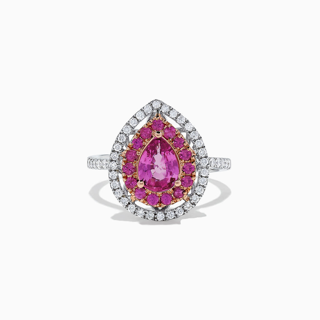 The 14K White Gold Pink Sapphire and Diamond Ring, 1.85 TCW, features a teardrop-shaped pink sapphire center with a double halo of pink and white diamonds on a sleek white gold band.