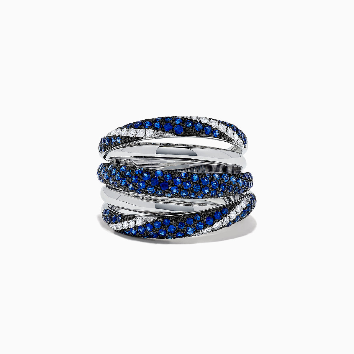 A 14K White Gold ring featuring overlapping bands with blue sapphires and white diamonds, evoking elegance and intricacy like the Royale Bleu 14K White Gold Sapphire and Diamond Ring, 1.04 TCW.