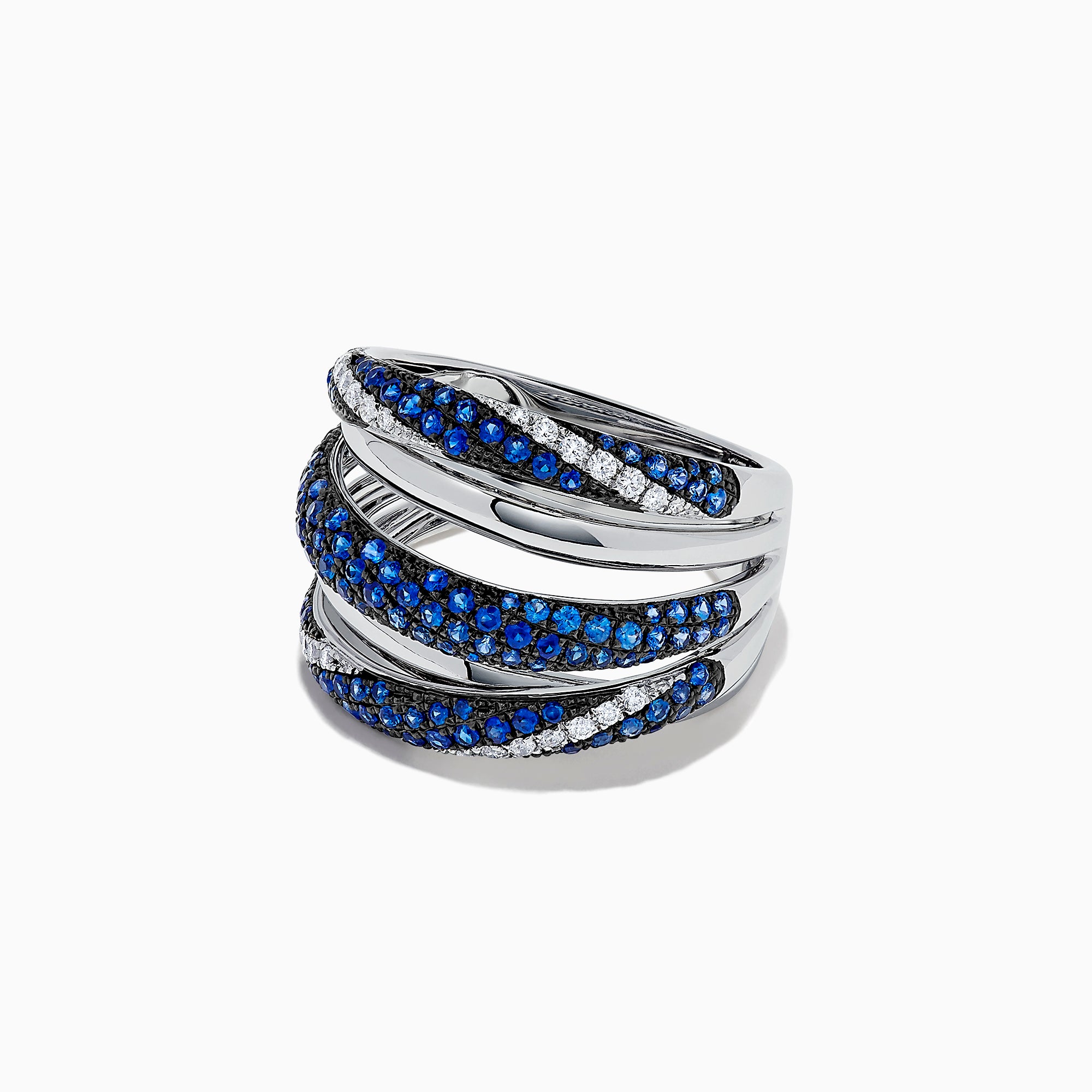 A 14K White Gold ring featuring overlapping bands with blue sapphires and white diamonds, evoking elegance and intricacy like the Royale Bleu 14K White Gold Sapphire and Diamond Ring, 1.04 TCW.