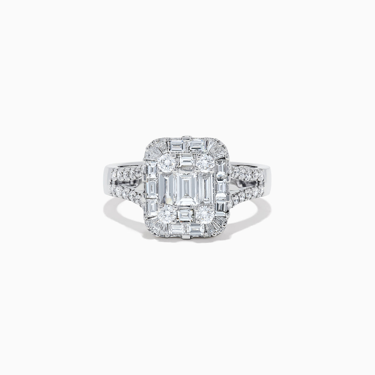 The Classique 14K White Gold Diamond Ring features a large rectangular cluster of emerald-cut and round diamonds, with additional diamonds along the split shank band, set against a white background.