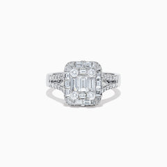 The Classique 14K White Gold Diamond Ring features a large rectangular cluster of emerald-cut and round diamonds, with additional diamonds along the split shank band, set against a white background.