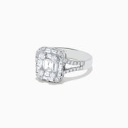 The Classique 14K White Gold Diamond Ring features a large rectangular cluster of emerald-cut and round diamonds, with additional diamonds along the split shank band, set against a white background.