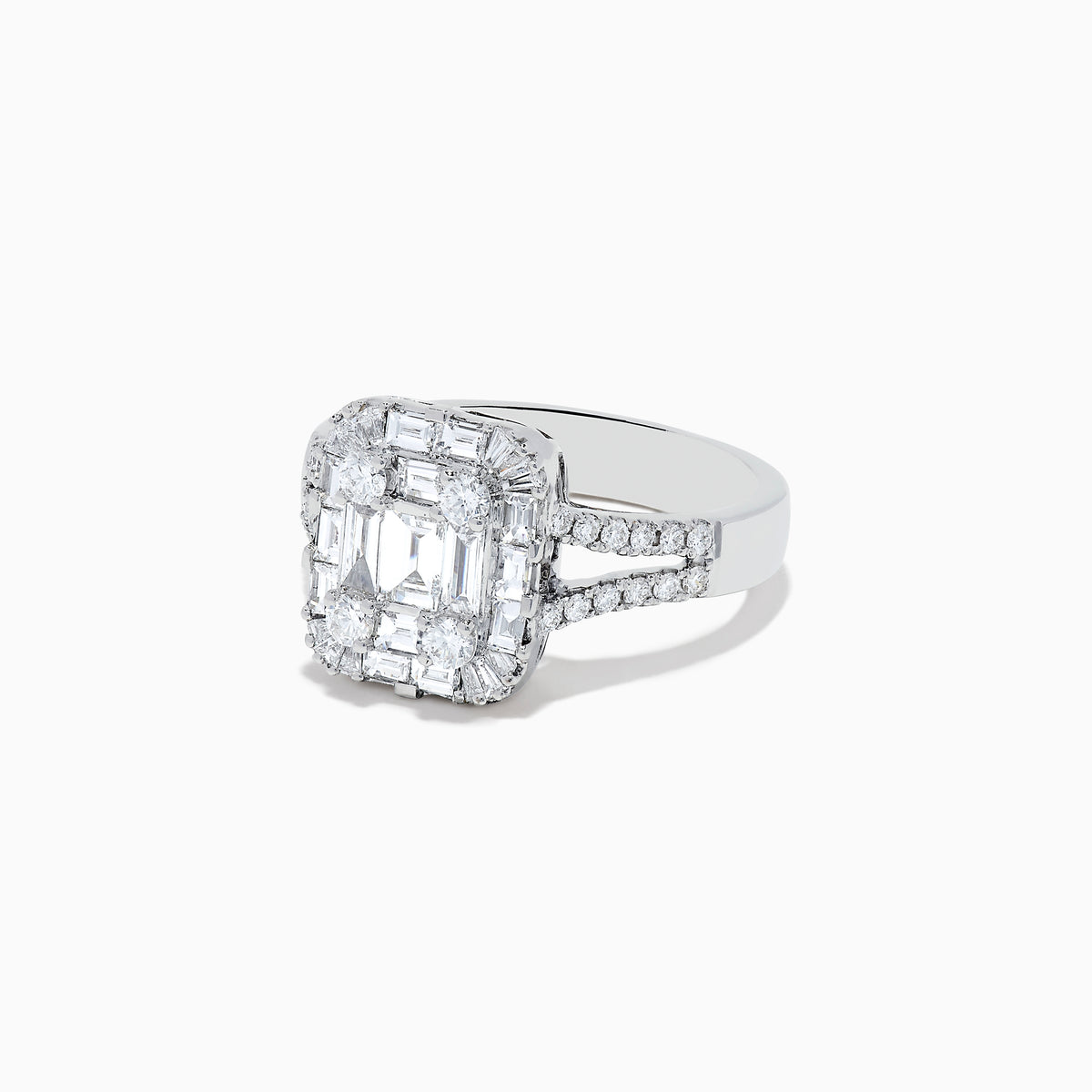 The Classique 14K White Gold Diamond Ring features a large rectangular cluster of emerald-cut and round diamonds, with additional diamonds along the split shank band, set against a white background.