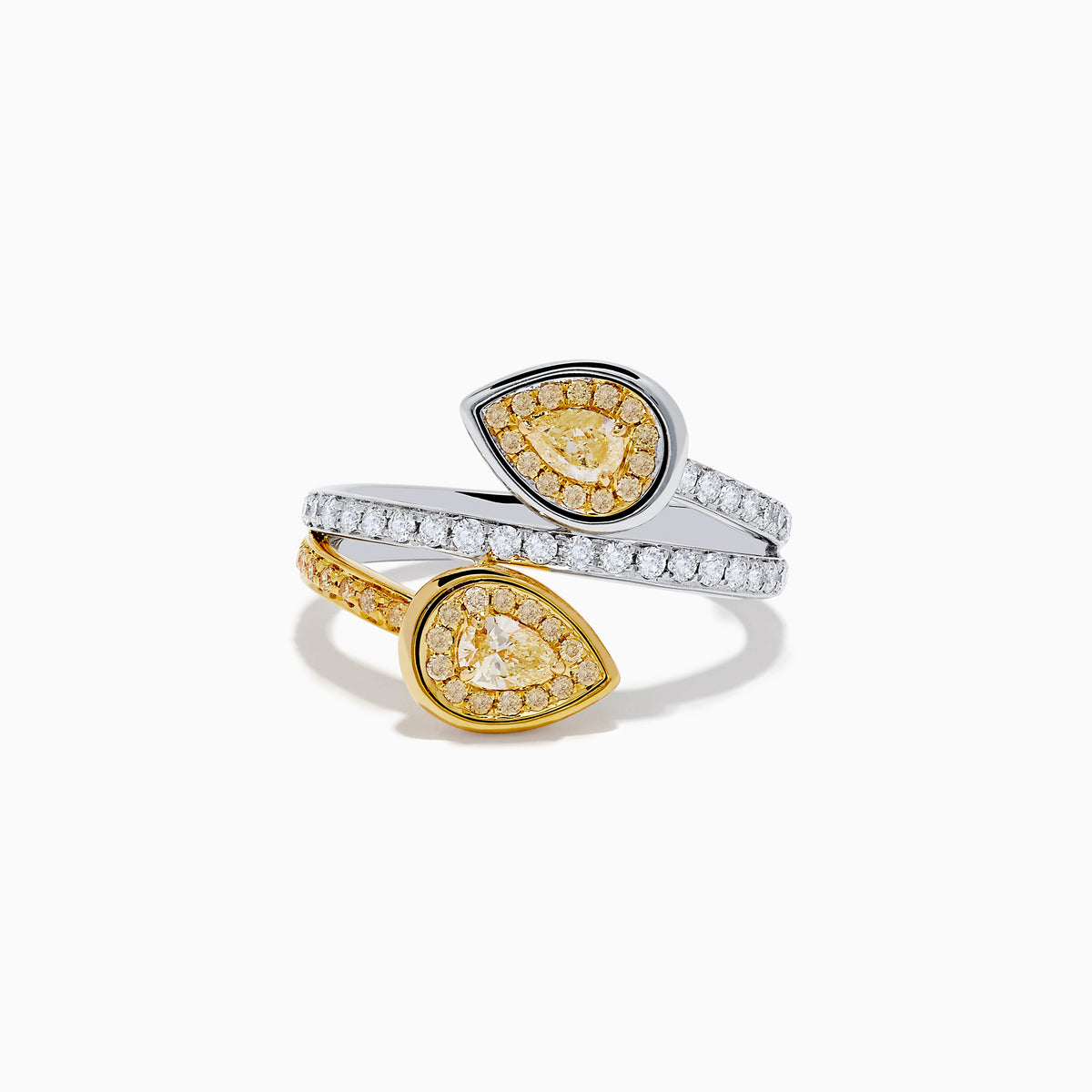 The Canare 18K Two-Tone Gold Pear Shaped Yellow Diamond Bypass Ring features two diamond clusters—one in yellow gold, one in white gold—joined by a split band with round diamonds.