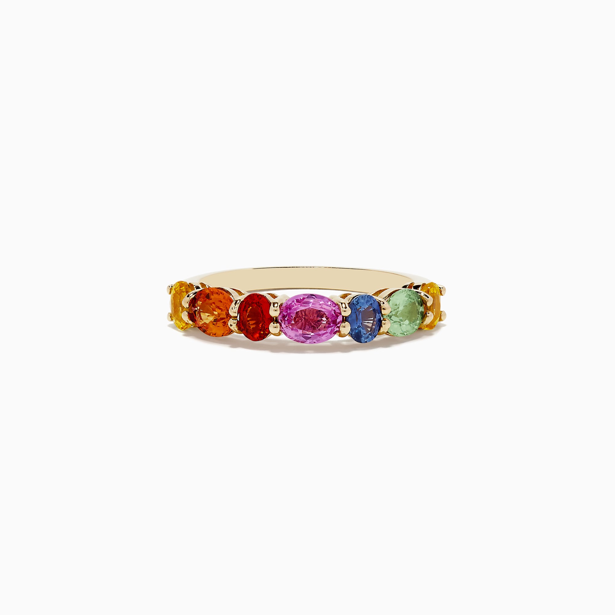 The Watercolors 14K Yellow Gold Multi Sapphire Ring, 2.00 TCW, showcases a vibrant row of oval sapphires in rainbow hues—yellow, orange, red, pink, blue, and green—elegantly set side by side across the band.