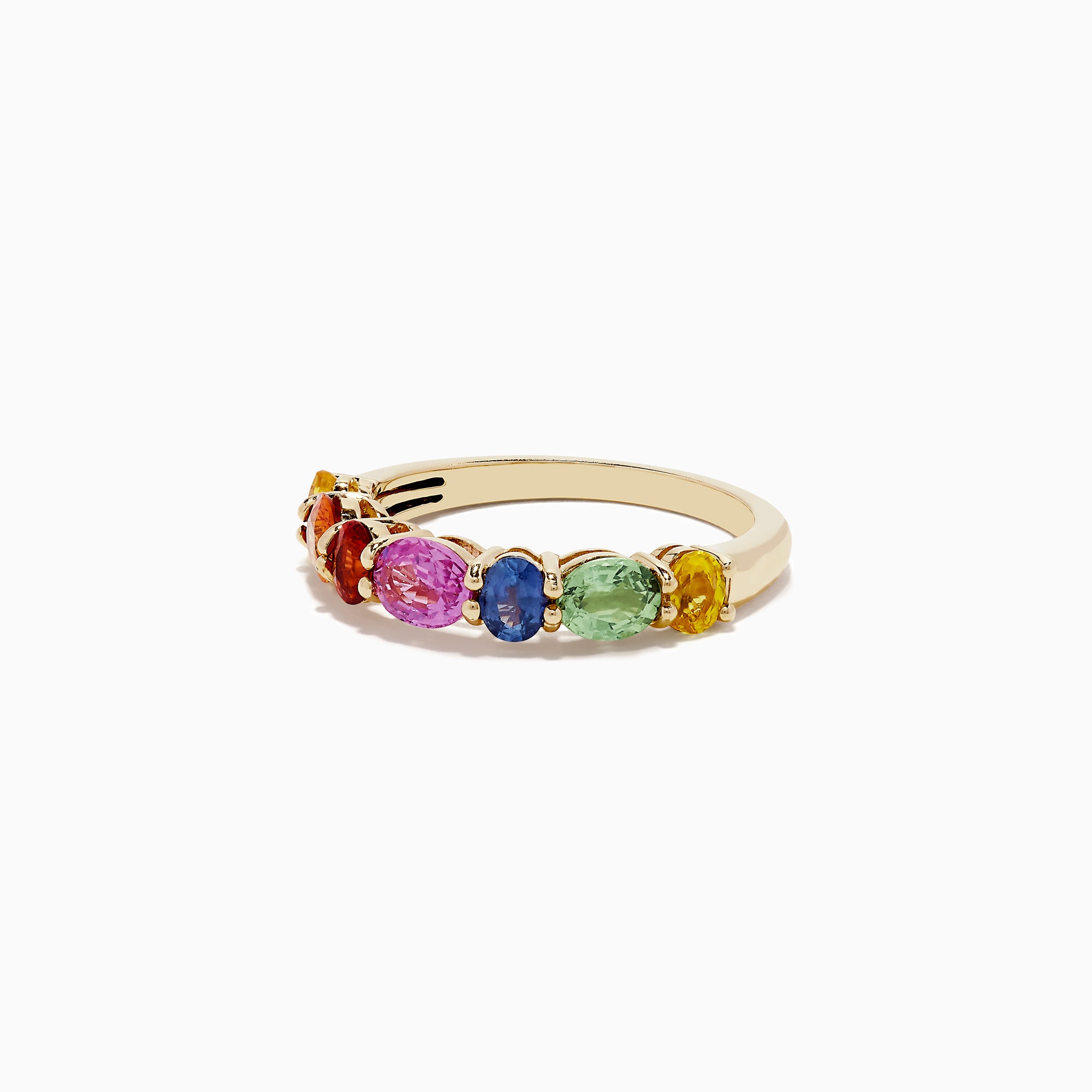 The Watercolors 14K Yellow Gold Multi Sapphire Ring, 2.00 TCW, showcases a vibrant row of oval sapphires in rainbow hues—yellow, orange, red, pink, blue, and green—elegantly set side by side across the band.