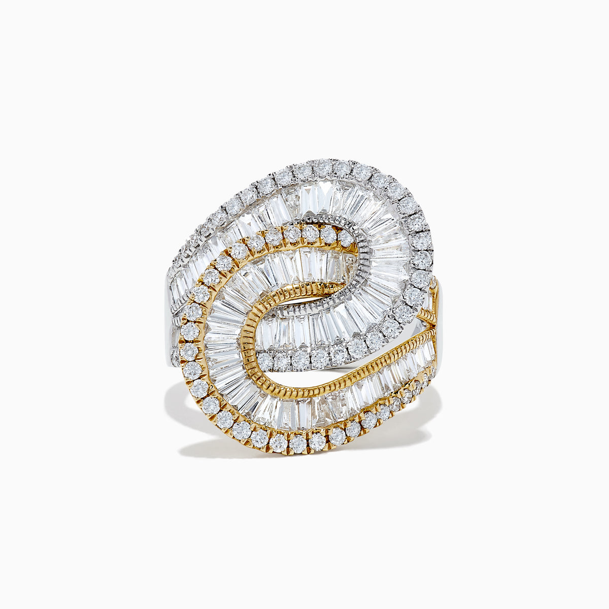Make an impression with the Limited Edition 14K 2-Tone Gold Diamond Swirl Statement Ring, 1.91 TCW, featuring an intricate swirling design embellished with baguette and round-cut white diamonds for a sophisticated look.