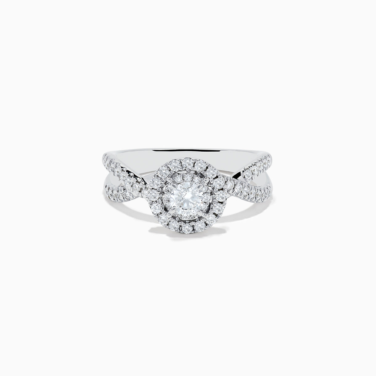 The Pave Classica 14K White Gold Diamond Ring features a round center diamond, double halo of smaller diamonds, and a split shank band with sparkling stones, beautifully displayed on a white background.