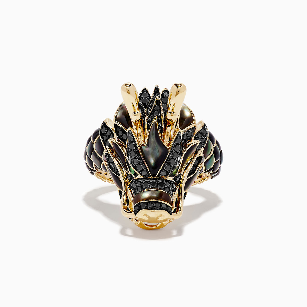 The Mens 14K Yellow Gold Tsavorite and Black Diamond Dragon Ring features a dragons head and neck with green enamel, black diamond accents, and tsavorite details highlighting the open mouth for a striking look.