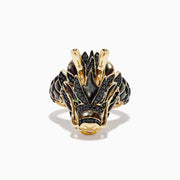 The Mens 14K Yellow Gold Tsavorite and Black Diamond Dragon Ring features a dragons head and neck with green enamel, black diamond accents, and tsavorite details highlighting the open mouth for a striking look.