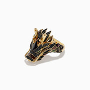 The Mens 14K Yellow Gold Tsavorite and Black Diamond Dragon Ring features a dragons head and neck with green enamel, black diamond accents, and tsavorite details highlighting the open mouth for a striking look.