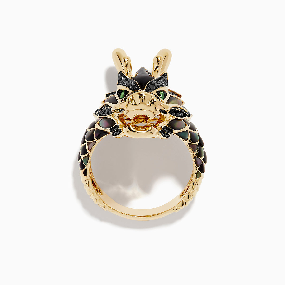 The Mens 14K Yellow Gold Tsavorite and Black Diamond Dragon Ring features a dragons head and neck with green enamel, black diamond accents, and tsavorite details highlighting the open mouth for a striking look.