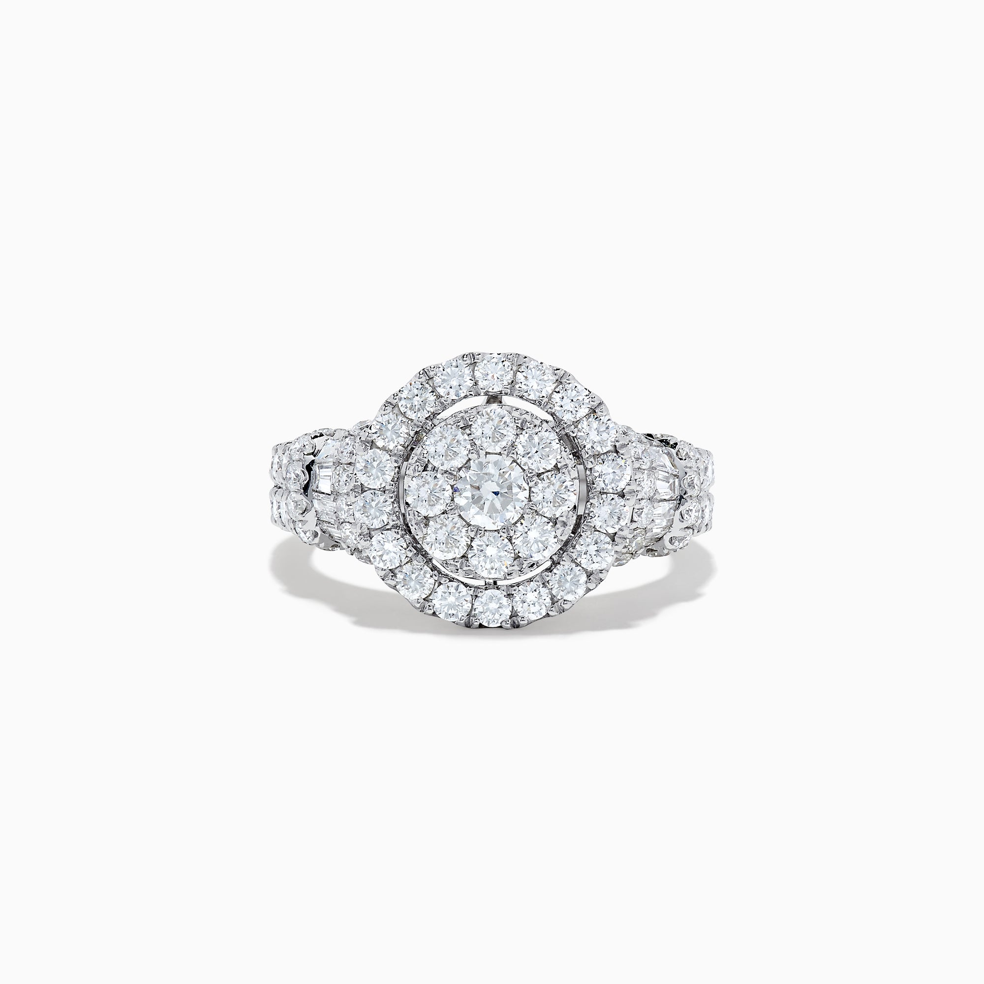 The Bouquet 14K White Gold Diamond Ring by Effy features a round floral cluster center, double diamond halos, and a split shank accented with diamonds, all crafted in radiant white gold.