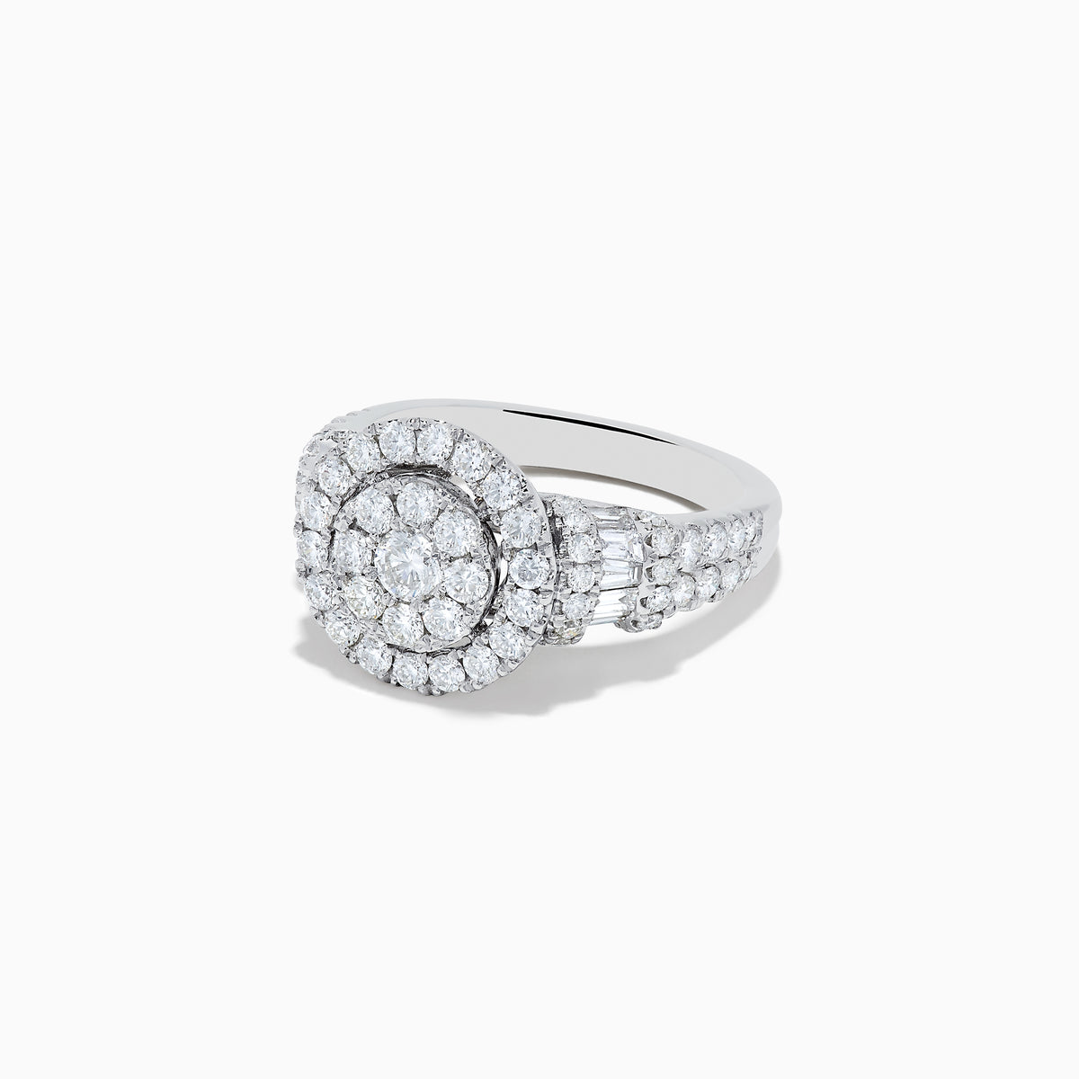 The Bouquet 14K White Gold Diamond Ring by Effy features a round floral cluster center, double diamond halos, and a split shank accented with diamonds, all crafted in radiant white gold.