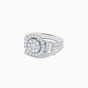 The Bouquet 14K White Gold Diamond Ring by Effy features a round floral cluster center, double diamond halos, and a split shank accented with diamonds, all crafted in radiant white gold.