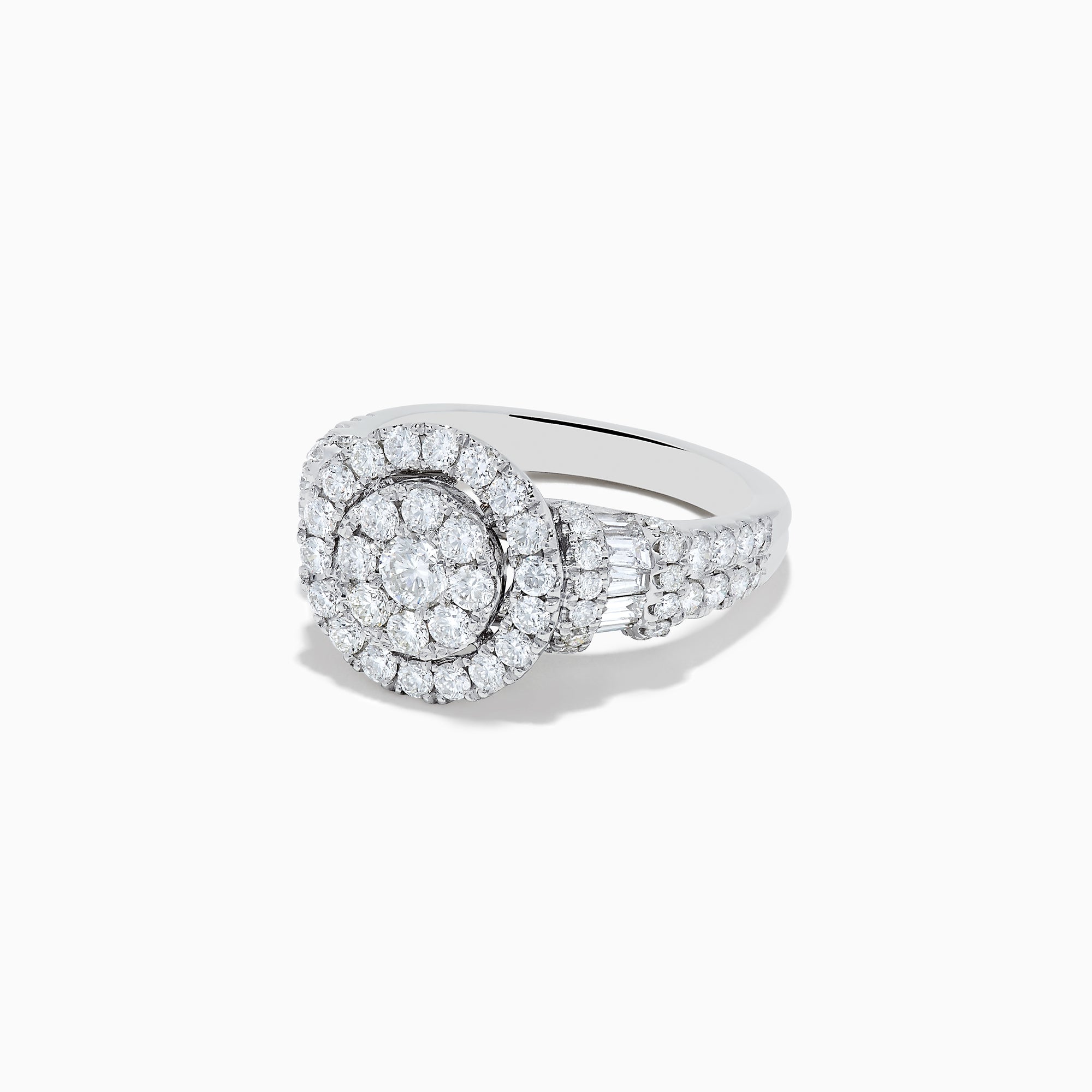 The Bouquet 14K White Gold Diamond Ring by Effy features a round floral cluster center, double diamond halos, and a split shank accented with diamonds, all crafted in radiant white gold.