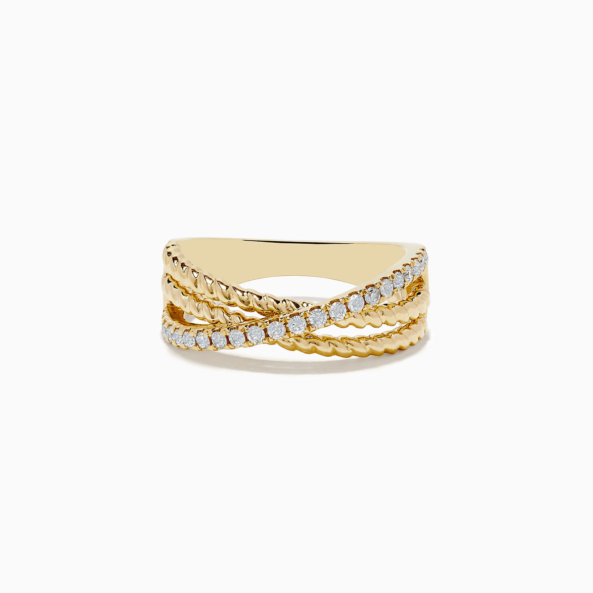 The Doro 14K Yellow Gold Diamond Crossover Ring features three overlapping bands—one plain, one diamond-studded, and one twisted rope—set against a white background.
