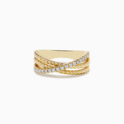 The Doro 14K Yellow Gold Diamond Crossover Ring features three overlapping bands—one plain, one diamond-studded, and one twisted rope—set against a white background.