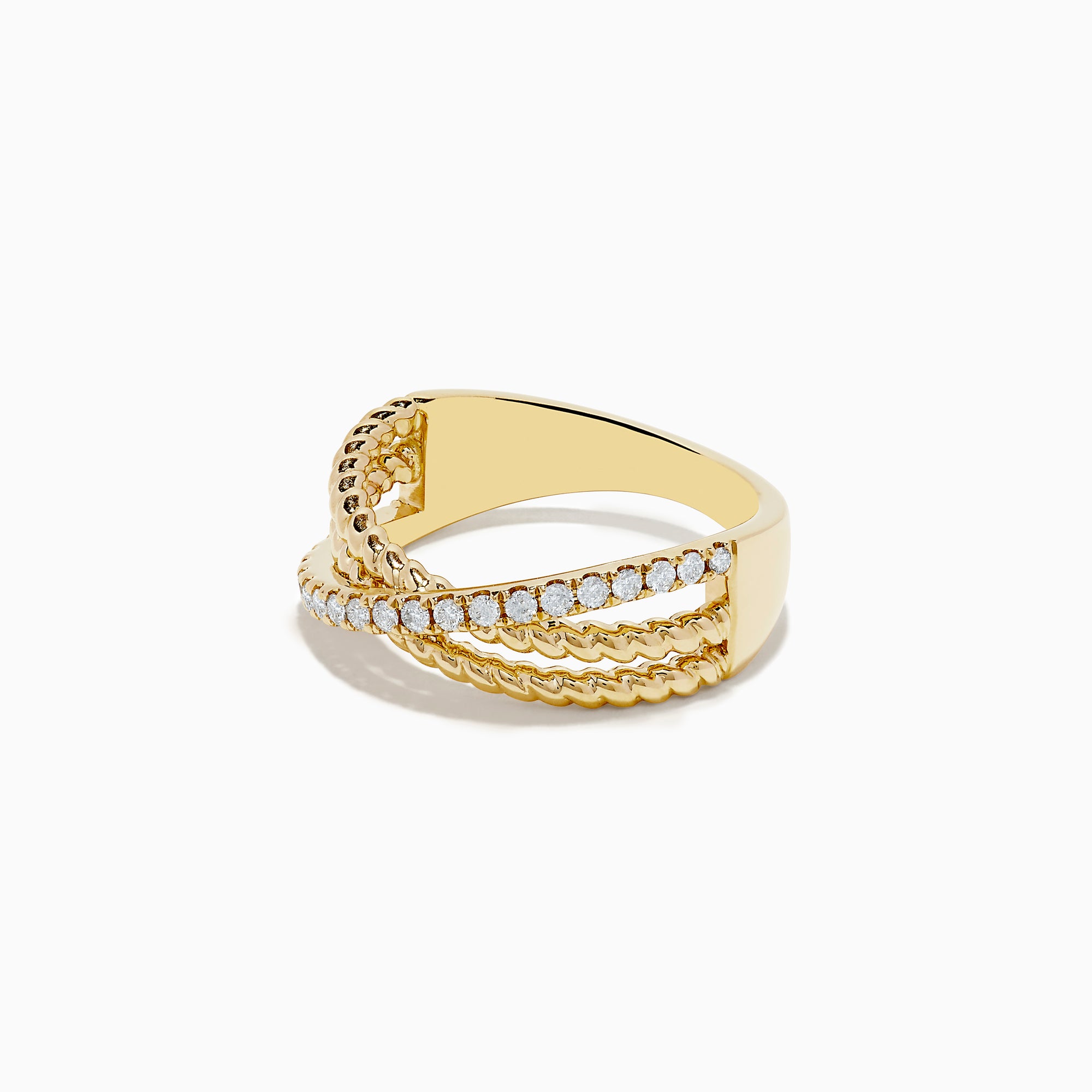 The Doro 14K Yellow Gold Diamond Crossover Ring features three overlapping bands—one plain, one diamond-studded, and one twisted rope—set against a white background.