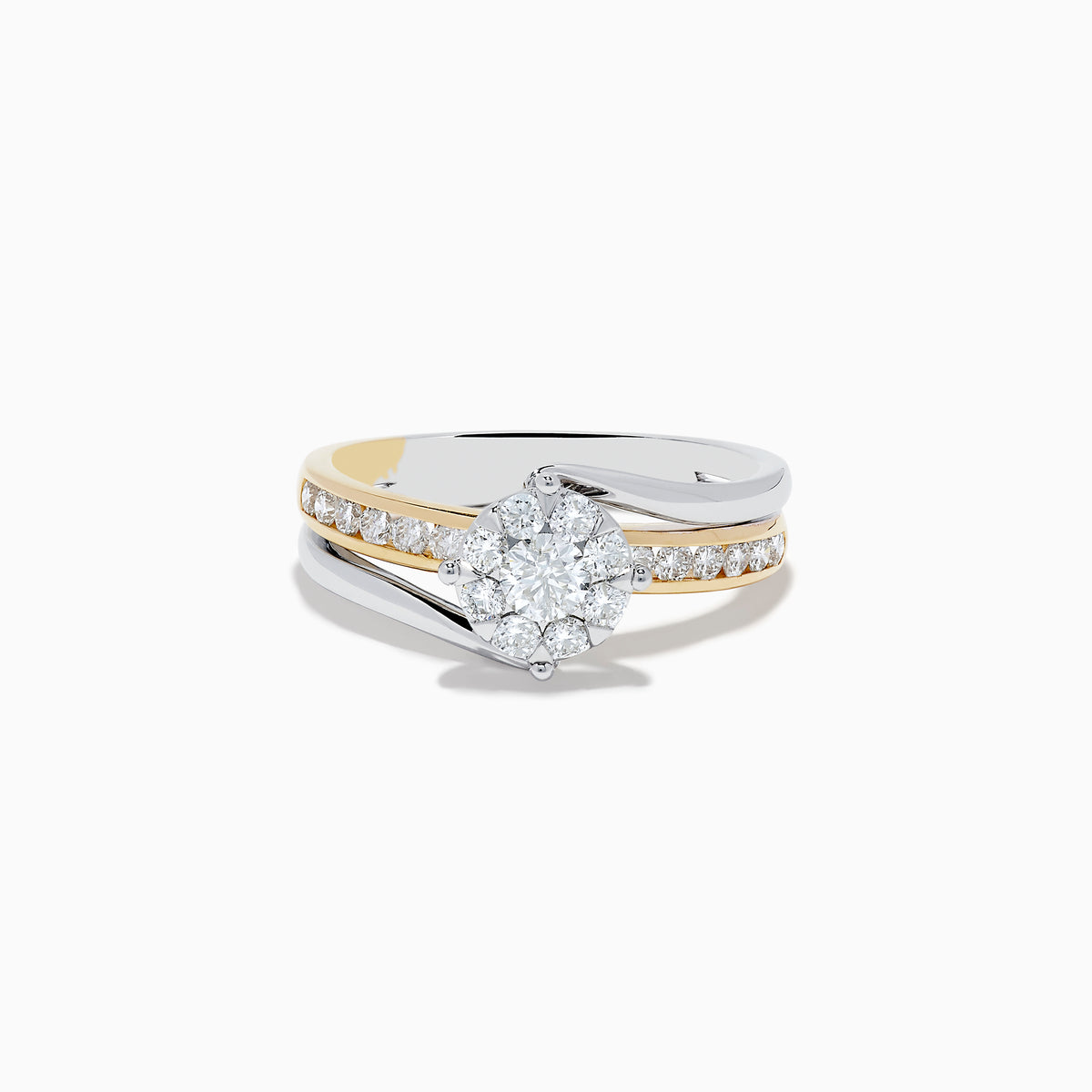 The Duo 14K Two-Tone Gold Diamond Engagement Ring 0.71 TCW showcases a round diamond cluster center and a diamond-accented band, combining elegance and sparkle in a timeless design.