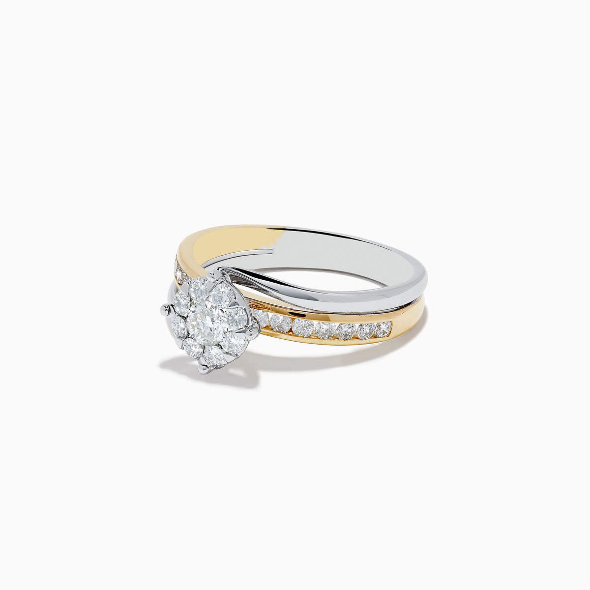 The Duo 14K Two-Tone Gold Diamond Engagement Ring 0.71 TCW showcases a round diamond cluster center and a diamond-accented band, combining elegance and sparkle in a timeless design.