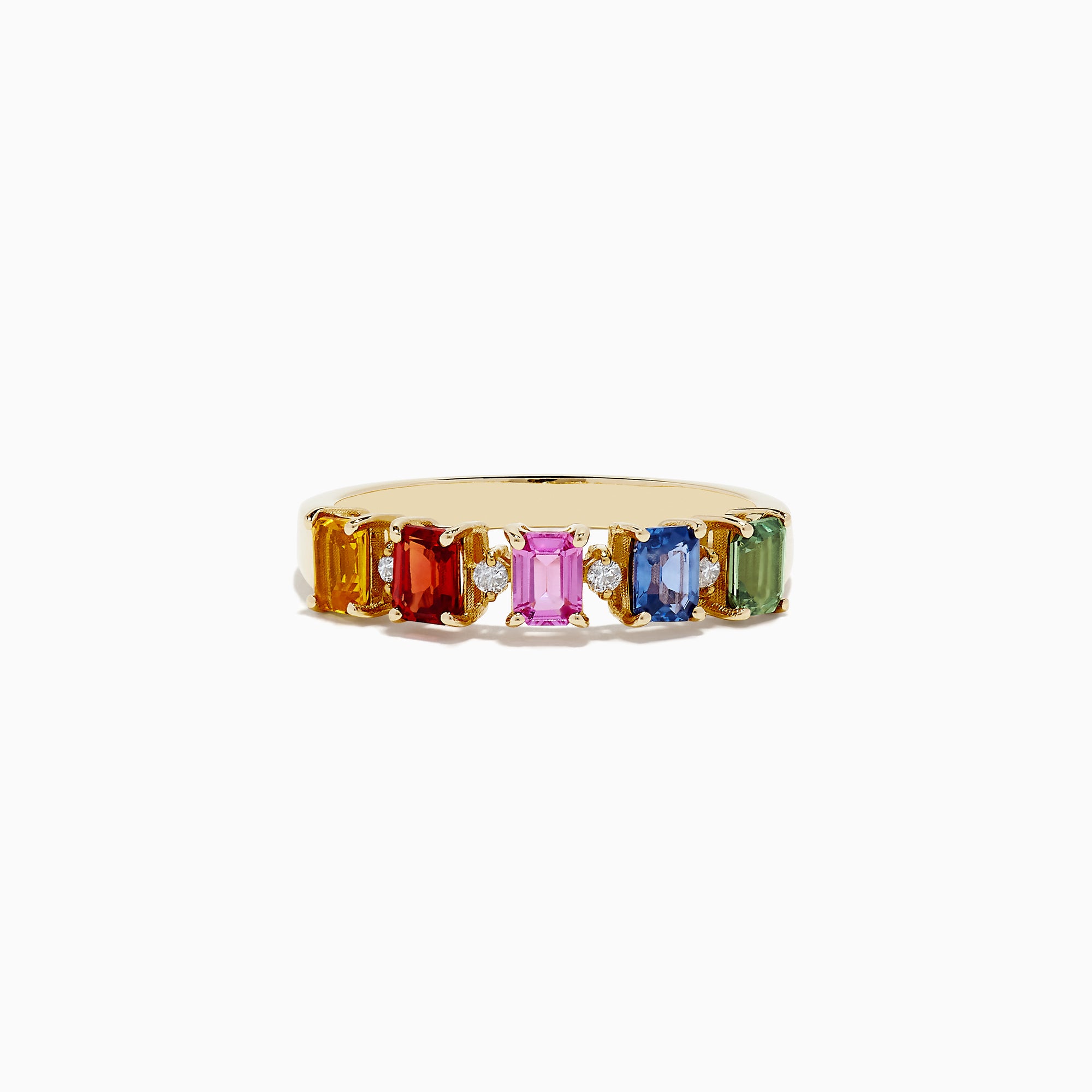 The Watercolors 14K Yellow Gold Multi Sapphire and Diamond Ring, 1.30 TCW, showcases five vibrant rectangular sapphires in orange, red, pink, blue, and green set in a row across the band.