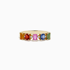The Watercolors 14K Yellow Gold Multi Sapphire and Diamond Ring, 1.30 TCW, showcases five vibrant rectangular sapphires in orange, red, pink, blue, and green set in a row across the band.