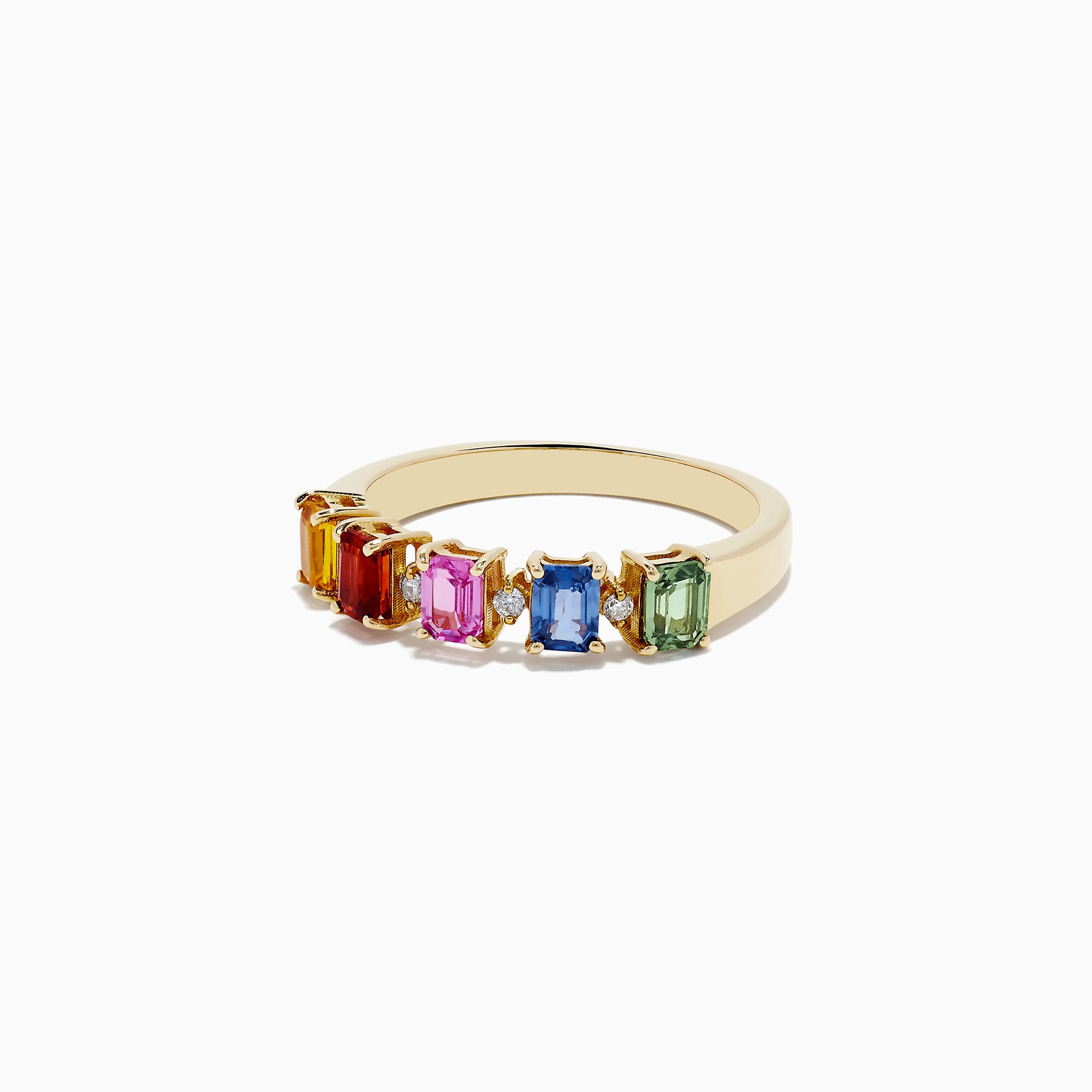The Watercolors 14K Yellow Gold Multi Sapphire and Diamond Ring, 1.30 TCW, showcases five vibrant rectangular sapphires in orange, red, pink, blue, and green set in a row across the band.