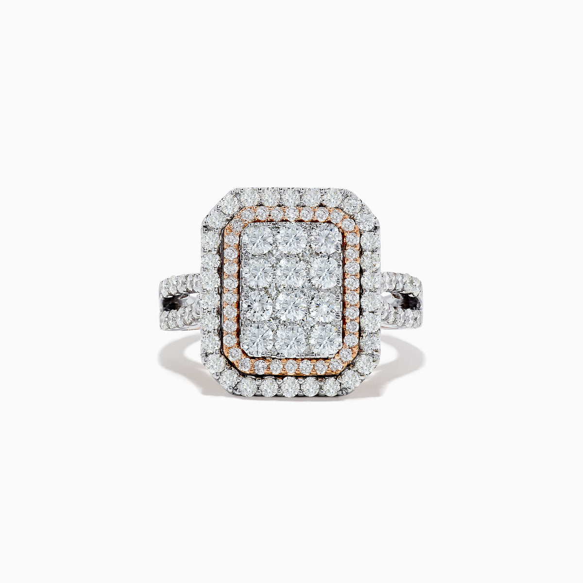 The Bouquet Two Tone Gold Diamond Ring features a rectangular diamond center with multiple rows of round diamonds, rose gold accents, and a two-tone gold band.