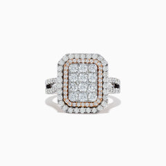 The Bouquet Two Tone Gold Diamond Ring features a rectangular diamond center with multiple rows of round diamonds, rose gold accents, and a two-tone gold band.