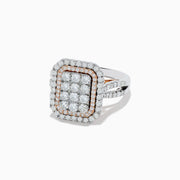 The Bouquet Two Tone Gold Diamond Ring features a rectangular diamond center with multiple rows of round diamonds, rose gold accents, and a two-tone gold band.