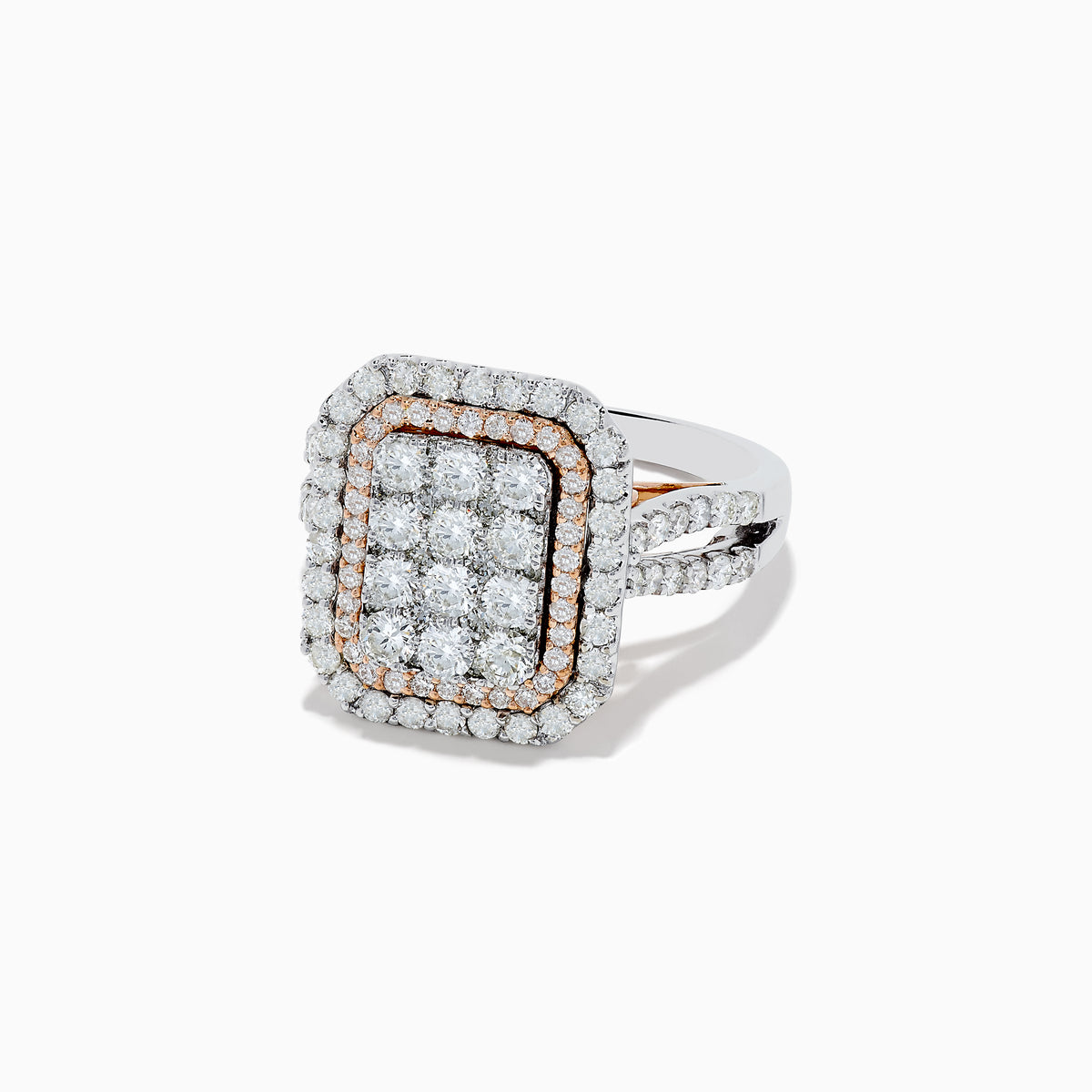 The Bouquet Two Tone Gold Diamond Ring features a rectangular diamond center with multiple rows of round diamonds, rose gold accents, and a two-tone gold band.