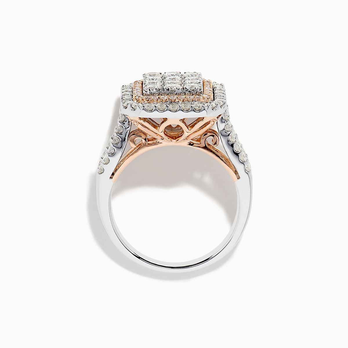 The Bouquet Two Tone Gold Diamond Ring features a rectangular diamond center with multiple rows of round diamonds, rose gold accents, and a two-tone gold band.