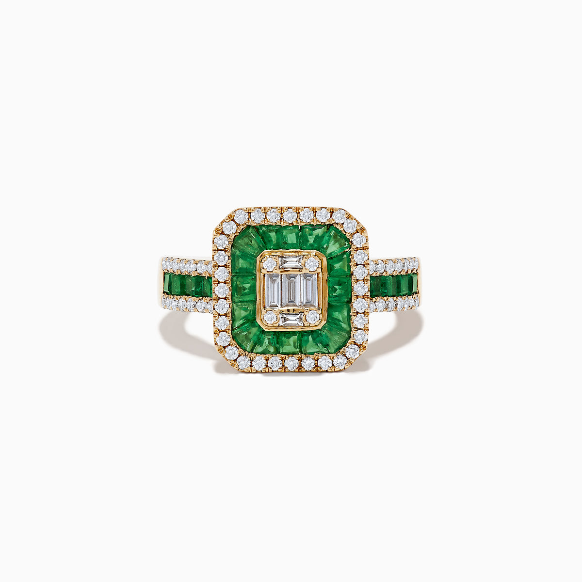 The Brasillica 14K Yellow Gold Emerald and Diamond Ring features a square emerald arrangement, two rows of white diamonds, a central rectangular diamond cluster, and a band with alternating emeralds and diamonds.