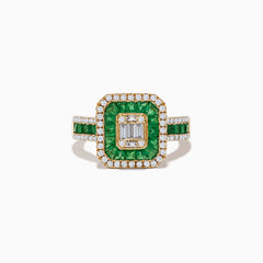The Brasillica 14K Yellow Gold Emerald and Diamond Ring features a square emerald arrangement, two rows of white diamonds, a central rectangular diamond cluster, and a band with alternating emeralds and diamonds.