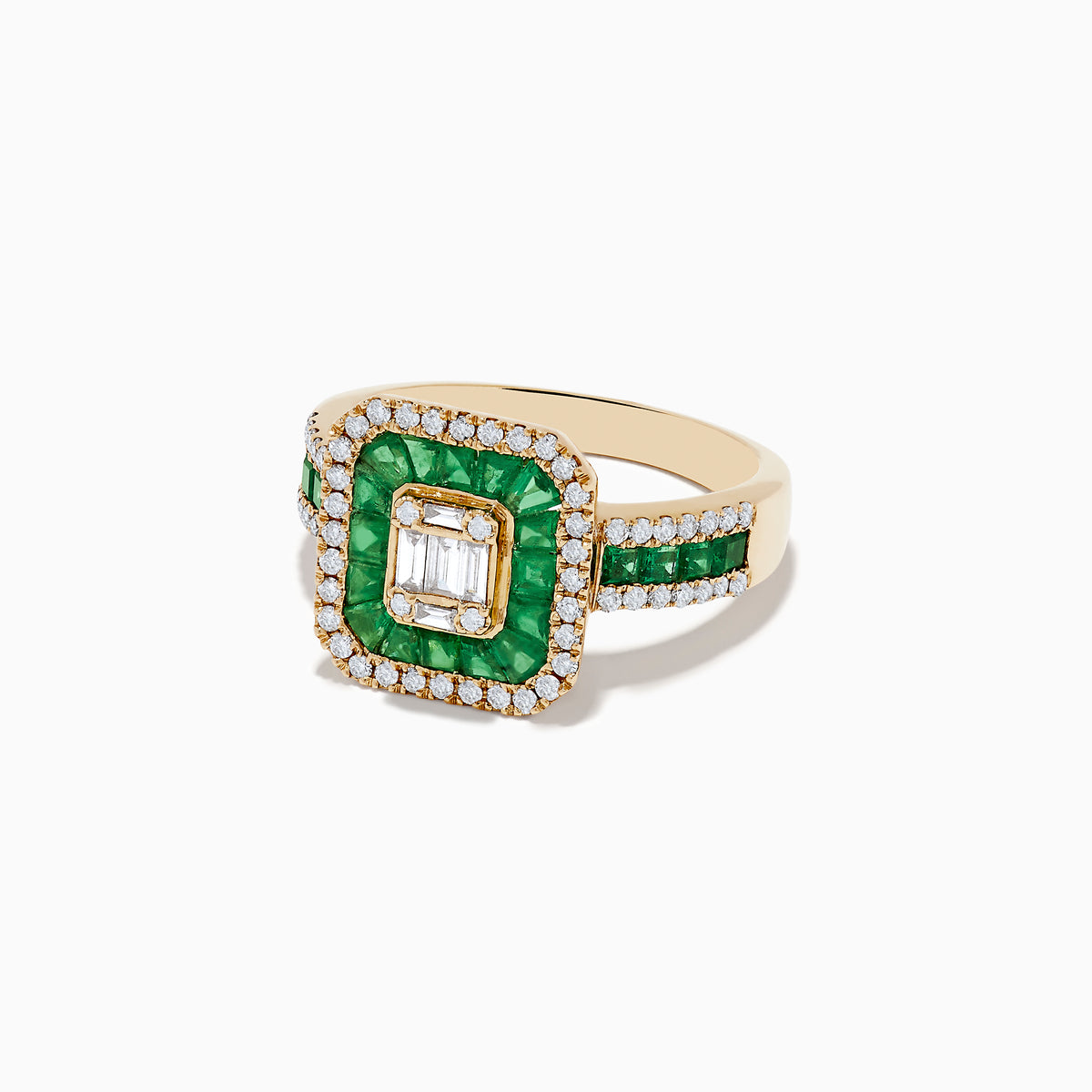 The Brasillica 14K Yellow Gold Emerald and Diamond Ring features a square emerald arrangement, two rows of white diamonds, a central rectangular diamond cluster, and a band with alternating emeralds and diamonds.