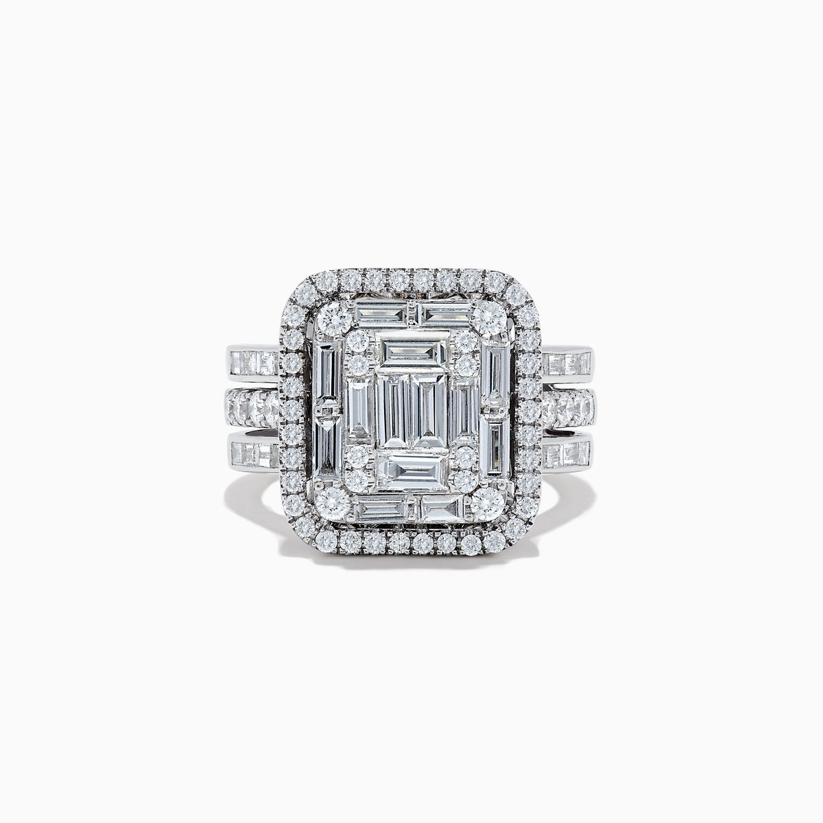 The Classique 14K White Gold Diamond Cocktail Ring, 1.92 TCW, showcases rectangular baguette-cut and round diamonds in two rows on a triple-split band, beautifully displayed on a white background.